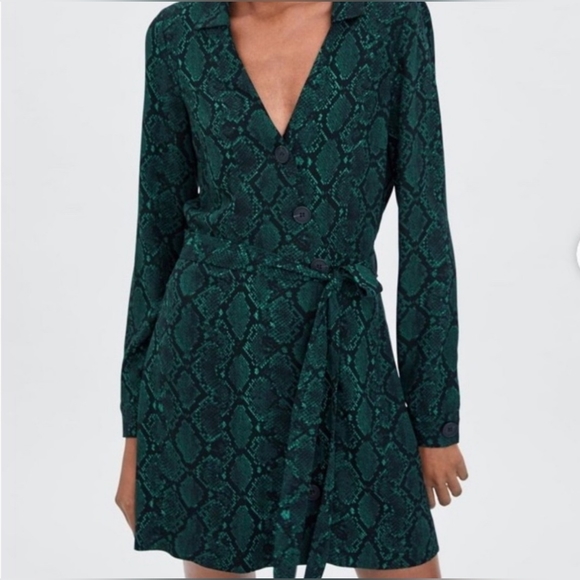 Zara Green Black Button Down Snake Print Dress Size Small - Picture 3 of 11